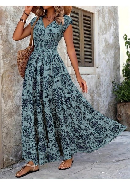 Kadın Kısa Kollu Kruvaze Yaka Beli Lastikli Süprem Maksi Boy Elbise modelleri