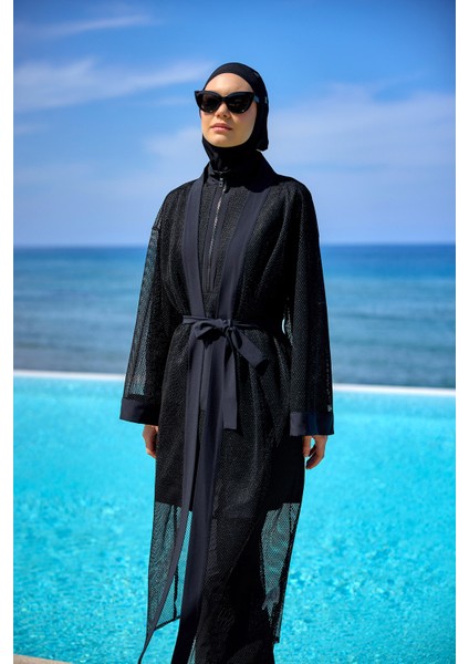 Siyah Tül Kimono – Tesettür Plaj Kimonosu | Ferah ve Şık P2501-1
