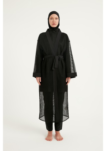 Siyah Tül Kimono – Tesettür Plaj Kimonosu | Ferah ve Şık P2501-1