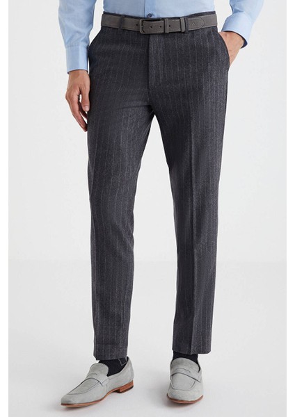 Kaşmir Karışım Flanel Chino Gri Çizgili Pantolon