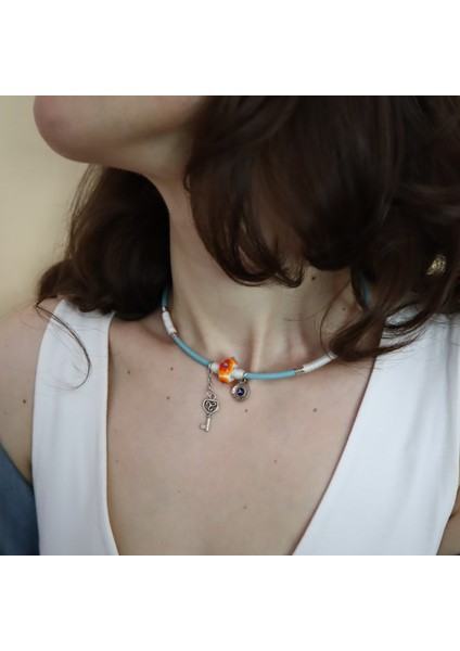 Rajewelery Nazar Boncuklu Renkli Cam & Deri Choker – Genç Stil