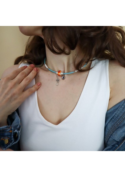 Rajewelery Nazar Boncuklu Renkli Cam & Deri Choker – Genç Stil modelleri