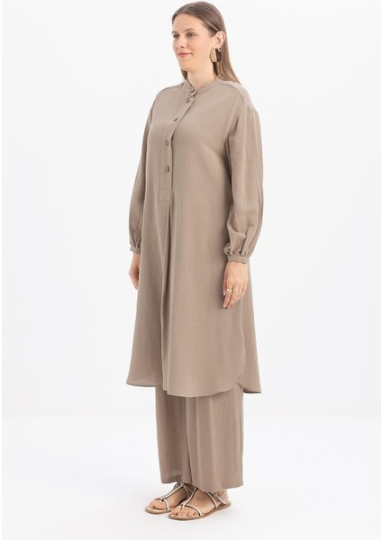 Vizon-Yarım Patlı Yırtmaçlı Keten Tunik modelleri