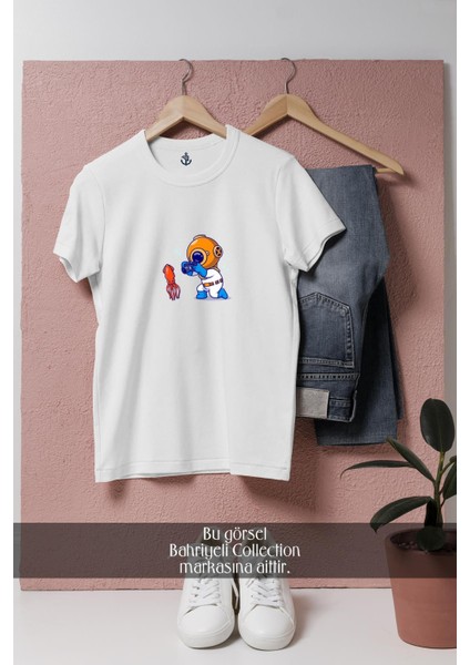 Oversize Mini Dalgıç ve Ahtapot Tasarımlı Unisex T-Shirt