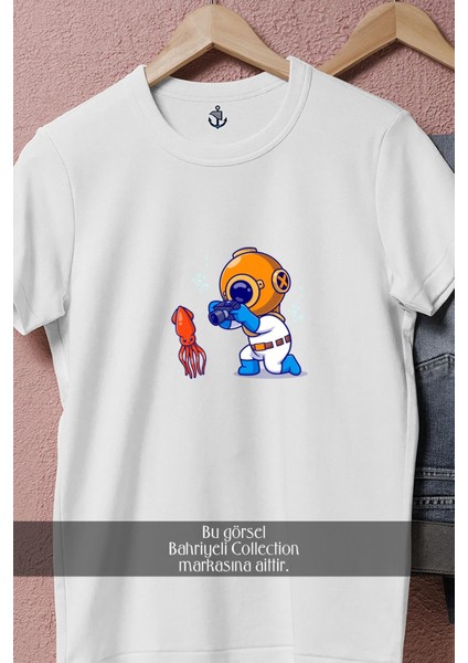 Oversize Mini Dalgıç ve Ahtapot Tasarımlı Unisex T-Shirt