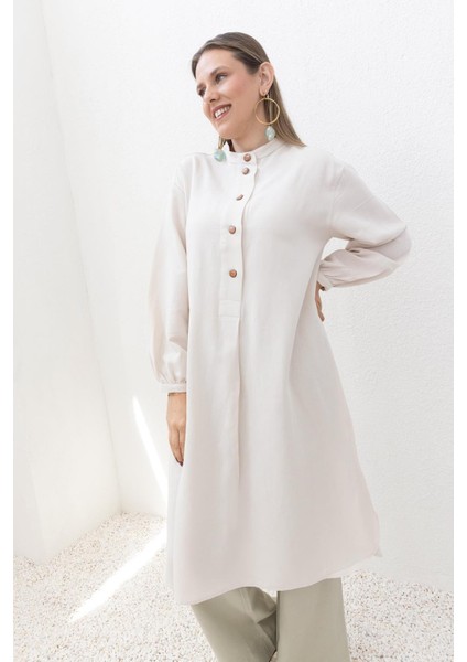 Taş-Yarım Patlı Yırtmaçlı Keten Tunik