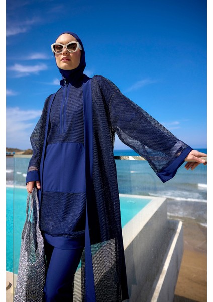 Lacivert Tül Kimono – Tesettür Plaj Kimonosu | Ferah ve Şık P2501-2