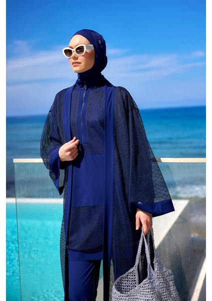 Lacivert Tül Kimono – Tesettür Plaj Kimonosu | Ferah ve Şık P2501-2