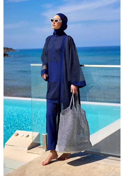 Lacivert Tül Kimono – Tesettür Plaj Kimonosu | Ferah ve Şık P2501-2