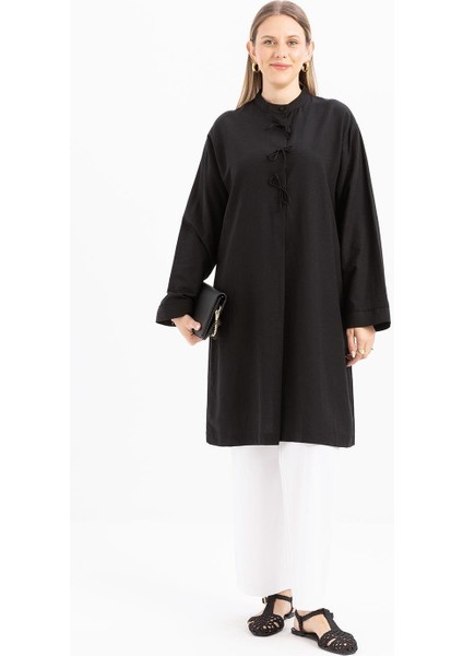 Siyah-Yarım Patlı Bağlamalı Keten Tunik