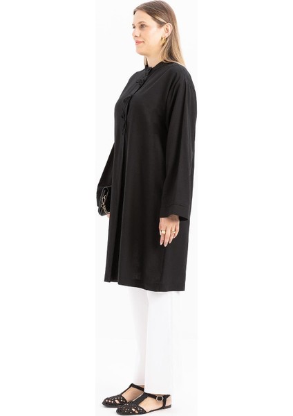 Siyah-Yarım Patlı Bağlamalı Keten Tunik modelleri