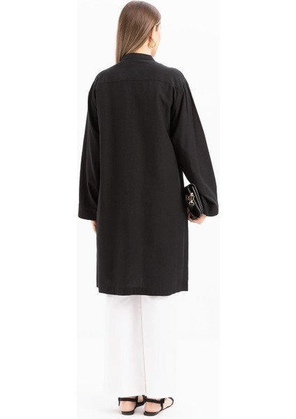 Siyah-Yarım Patlı Bağlamalı Keten Tunik fırsatları