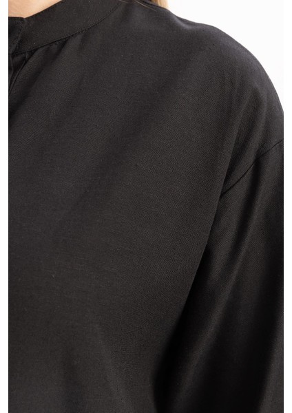 Siyah-Yarım Patlı Bağlamalı Keten Tunik indirimleri