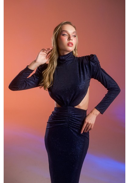 Lacivert Simli Cut Out Detaylı Midi Elbise