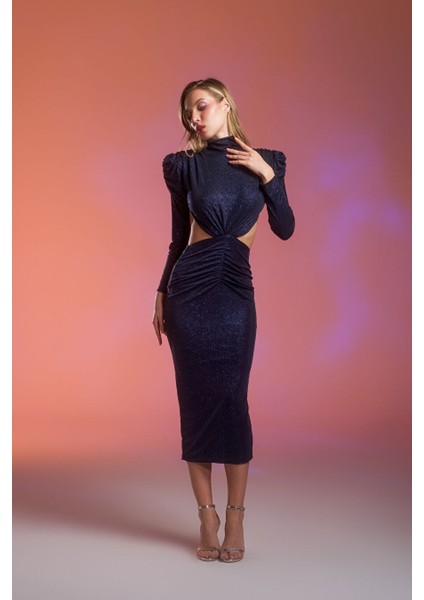 Lacivert Simli Cut Out Detaylı Midi Elbise