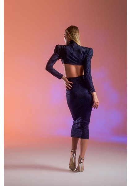 Lacivert Simli Cut Out Detaylı Midi Elbise