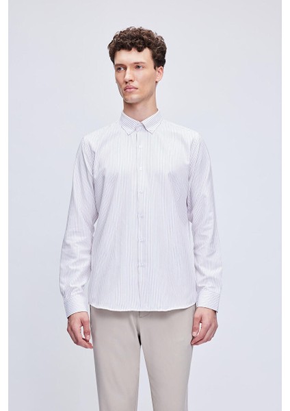 Kahverengi Comfort Fit Çizgili Pamuklu Düğmeli Yaka Uzun Kollu Casual Gömlek 24D19ETC0001_105