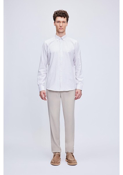 Kahverengi Comfort Fit Çizgili Pamuklu Düğmeli Yaka Uzun Kollu Casual Gömlek 24D19ETC0001_105 fiyatları