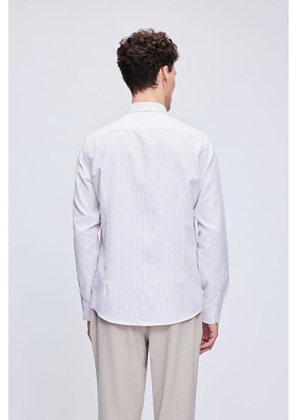 Kahverengi Comfort Fit Çizgili Pamuklu Düğmeli Yaka Uzun Kollu Casual Gömlek 24D19ETC0001_105 indirimleri