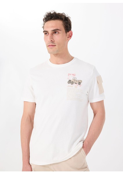 Kırık Beyaz Erkek Bisiklet Yaka Relaxed Baskılı T-Shirt J4SM-TST7239