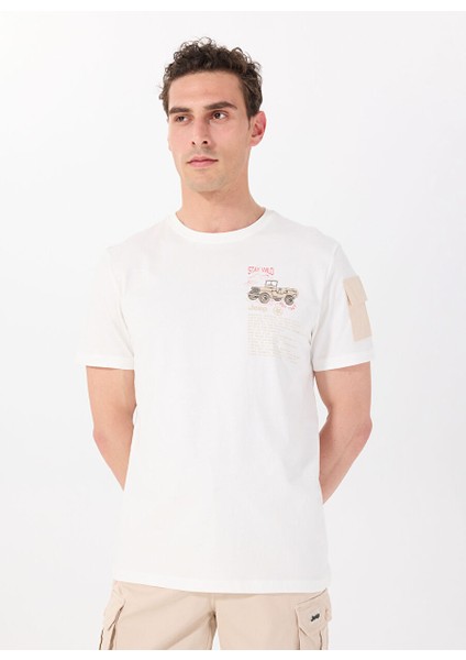 Kırık Beyaz Erkek Bisiklet Yaka Relaxed Baskılı T-Shirt J4SM-TST7239 modelleri