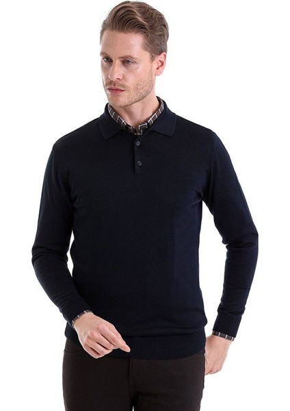 Lacivert Comfort Fit Düz Polo Yaka Yünlü Kazak fiyatları