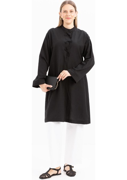 Siyah-Yarım Patlı Bağlamalı Keten Tunik fiyatları