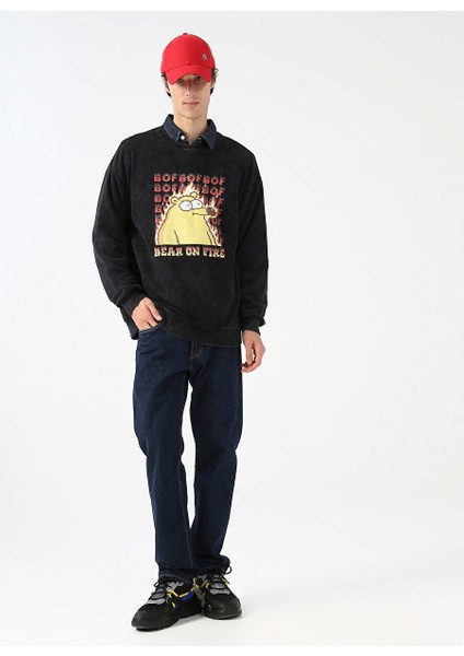 Fluffy Kapüşonlu Oversize Baskılı Antrasit Erkek Şardonlu Sweatshirt Fluffy-E-7