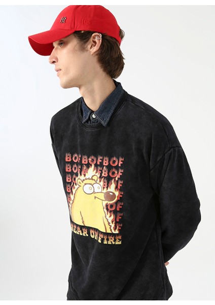Fluffy Kapüşonlu Oversize Baskılı Antrasit Erkek Şardonlu Sweatshirt Fluffy-E-7