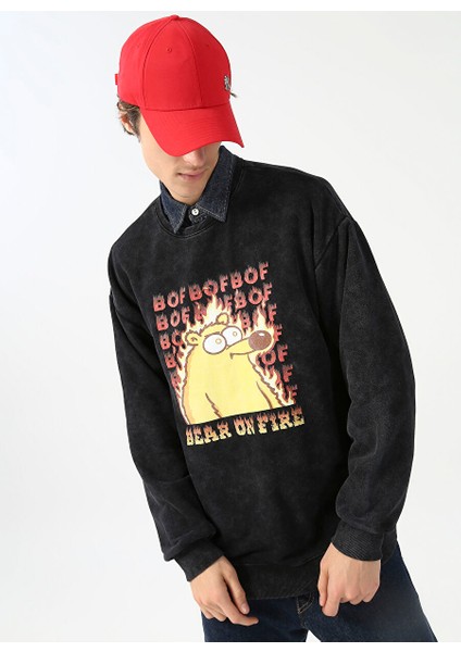 Fluffy Kapüşonlu Oversize Baskılı Antrasit Erkek Şardonlu Sweatshirt Fluffy-E-7
