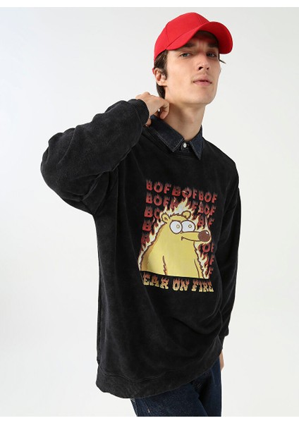 Fluffy Kapüşonlu Oversize Baskılı Antrasit Erkek Şardonlu Sweatshirt Fluffy-E-7