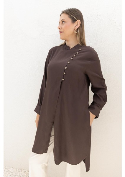 Kahve-Yarım Patlı Yırtmaçlı Keten Tunik modelleri