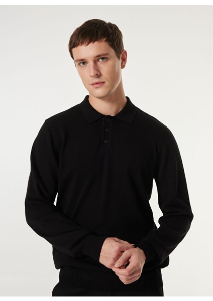 Siyah Erkek Polo Basic Düz Kazak MML4WM-KZK9510