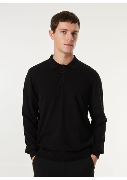 Siyah Erkek Polo Basic Düz Kazak MML4WM-KZK9510