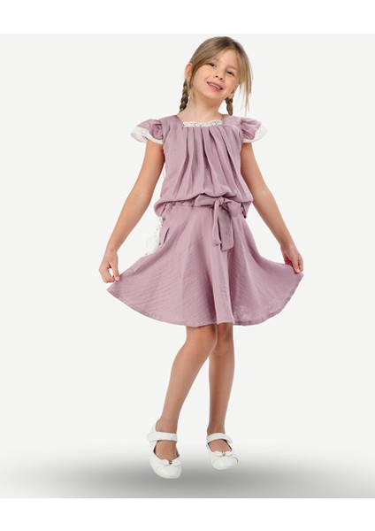 Lila Muslin Dantelli Kız Çocuk Tunik + Etekli Takım