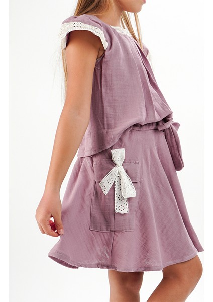 Lila Muslin Dantelli Kız Çocuk Tunik + Etekli Takım fiyatları