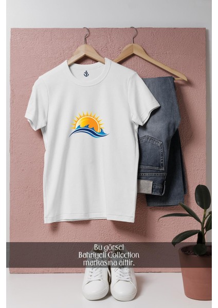 Oversize Güneş ve Deniz Tasarımlı Unisex T-Shirt