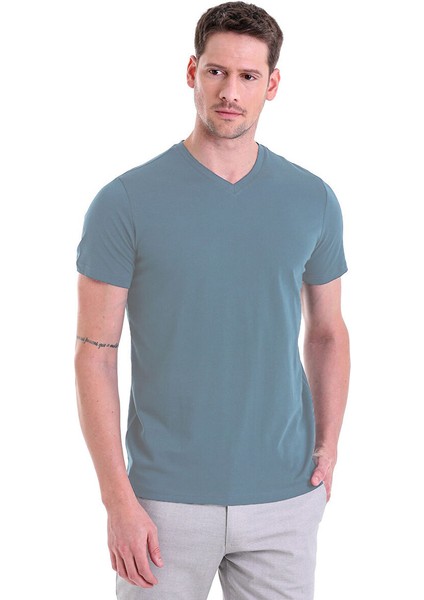Indigo Regular Fit Düz 100% Pamuklu V Yaka Tişört