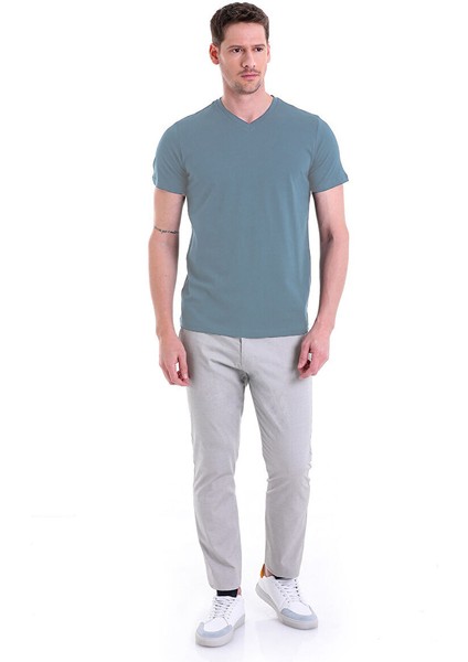 Indigo Regular Fit Düz 100% Pamuklu V Yaka Tişört