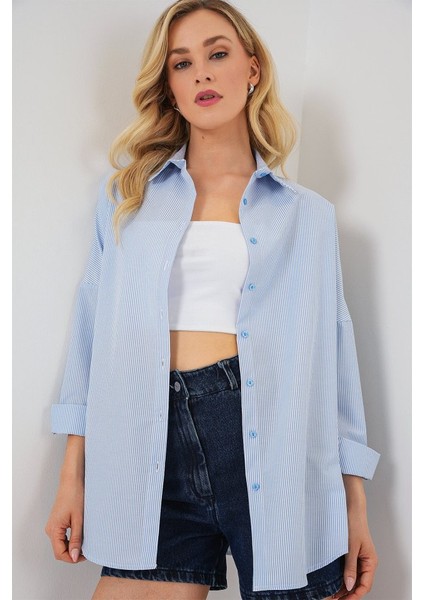 Çizgili Oversize Gömlek 20332 - Açık Mavi