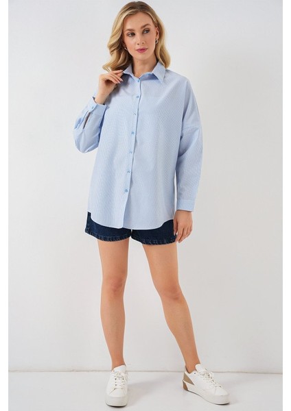 Çizgili Oversize Gömlek 20332 - Açık Mavi fiyatları