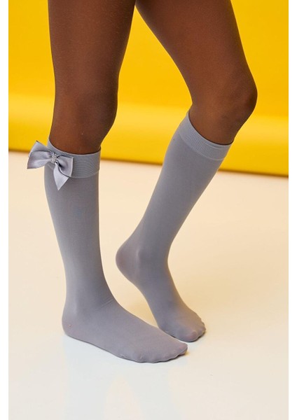 Kız Çocuk Aksesuarlı Dizaltı Çorap Gri