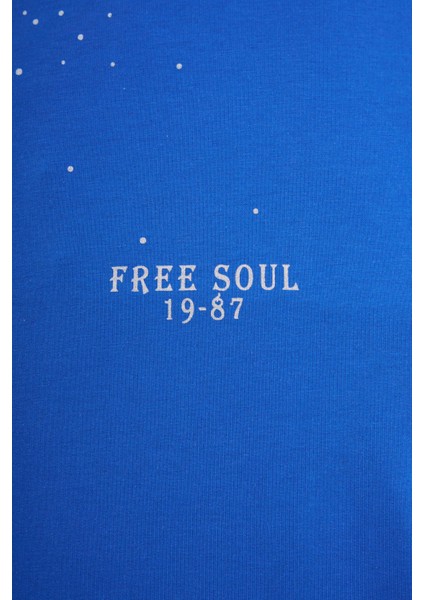 Erkek Free Soul Glowing Printed Oversize Soft Mavi Tişört