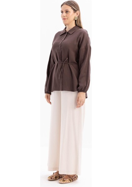 Kahve-Yarım Patlı Düğmeli Müslin Tunik modelleri