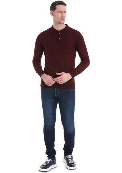 Bordo Regular Fit Düz Polo Yaka Triko Kazak fiyatları