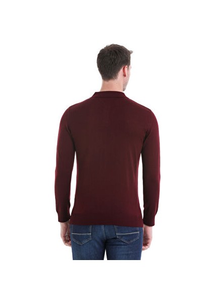 Bordo Regular Fit Düz Polo Yaka Triko Kazak