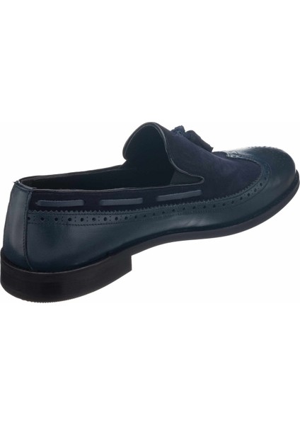 NV1930 Lacivert Garnili Püsküllü Analin Neolit Taban Üst Kalite Deri Büyük Numara Erkek Ayakkabı