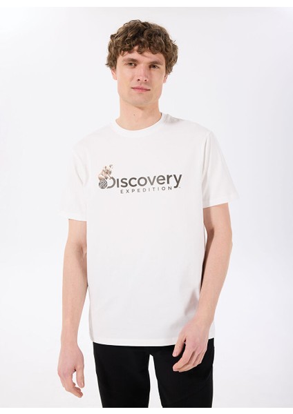 D4SM-TST3302 Beyaz Bisiklet Yaka Basic Baskılı Erkek T-Shirt