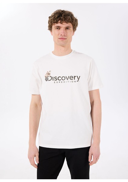 D4SM-TST3302 Beyaz Bisiklet Yaka Basic Baskılı Erkek T-Shirt