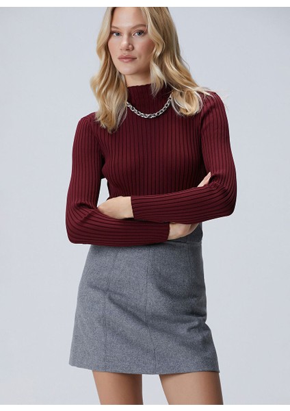 Dik Yaka Bordo Kadın Basic Örgü Kazak 1093068